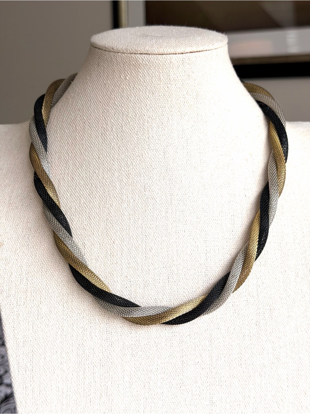 Vintage 1980s Mixed Metal Mesh Twist Statement Necklace